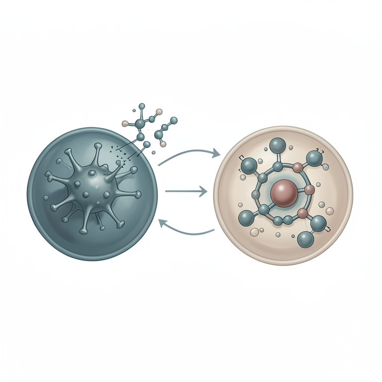 AI-generated conceptual illustration (mammalian cell and RNA virus). It explains the idea and does not show study data.