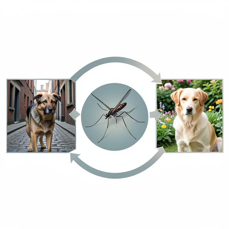 AI-generated conceptual illustration (stray dogs, pet dogs, and mosquitoes in an urban setting). It explains the idea and does not show study data.