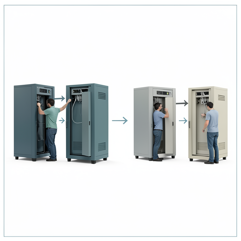 AI-generated conceptual illustration (two industrial refrigeration units and two repair technicians). It explains the idea and does not show study data.
