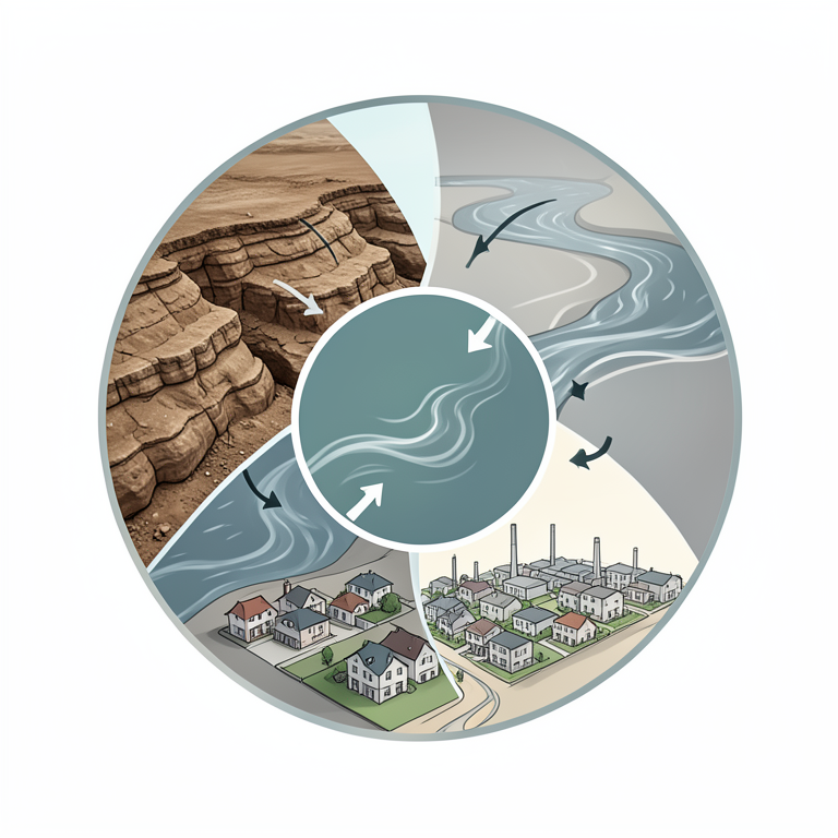 AI-generated conceptual illustration (A landscape featuring geological rock formations, a river, and a residential town). It explains the idea and does not show study data.