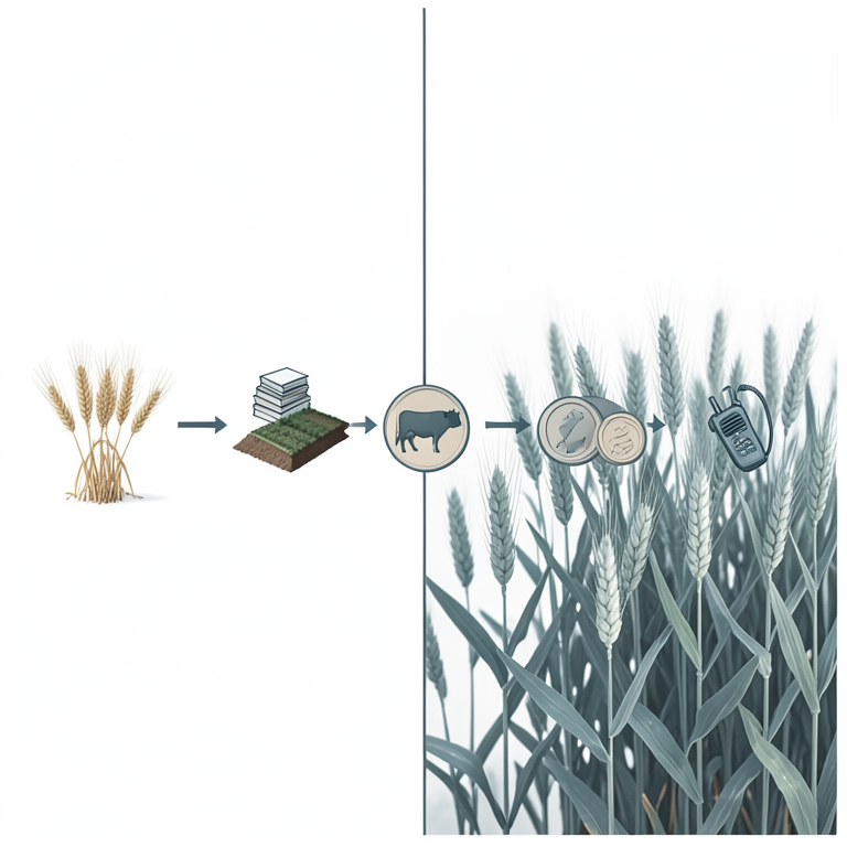 AI-generated conceptual illustration (wheat plants and smallholder farm assets). It explains the idea and does not show study data.