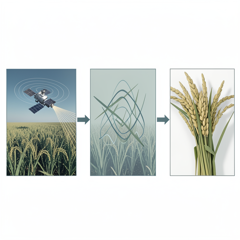 AI-generated conceptual illustration (Winter rice plants and a Sentinel-1 satellite). It explains the idea and does not show study data.