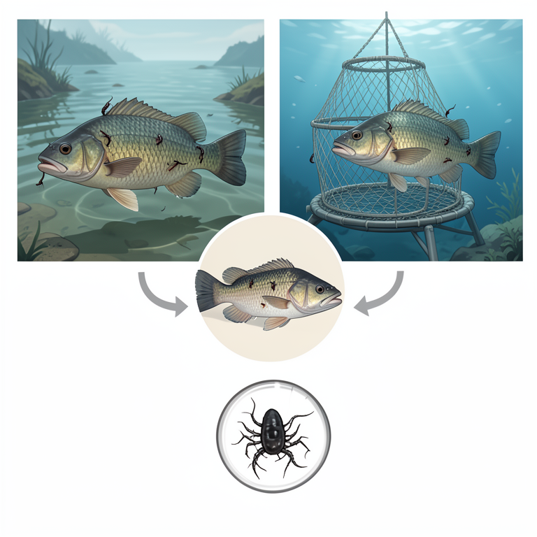AI-generated conceptual illustration (Cantang grouper fish and Zeylanicobdella marine leeches). It explains the idea and does not show study data.
