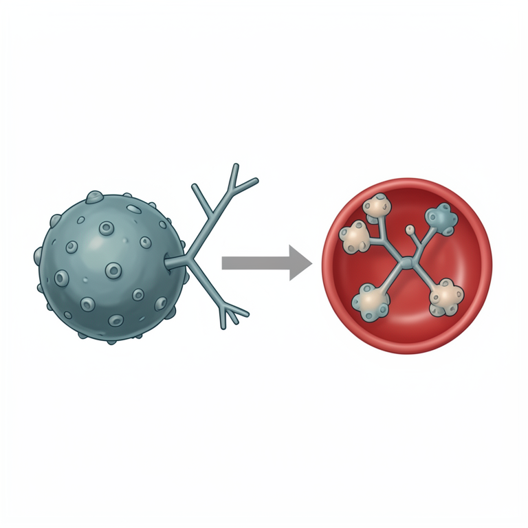 AI-generated conceptual illustration (human red blood cells and a spherical bacterium). It explains the idea and does not show study data.