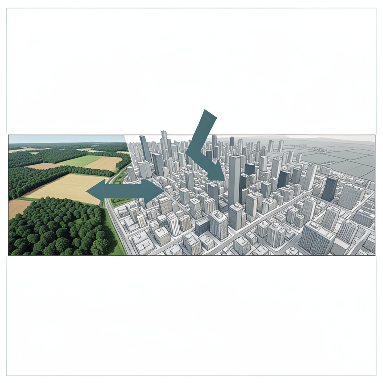 AI-generated conceptual illustration (a developing city landscape with surrounding rural farmland and natural forests). It explains the idea and does not show study data.