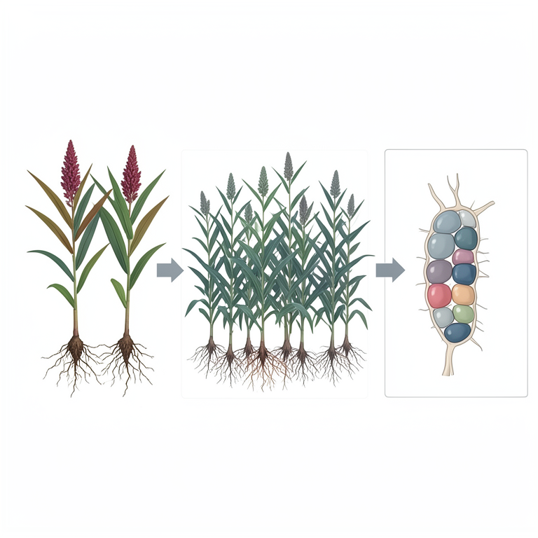 AI-generated conceptual illustration (Sorghum plants (Sorghum bicolor)). It explains the idea and does not show study data.