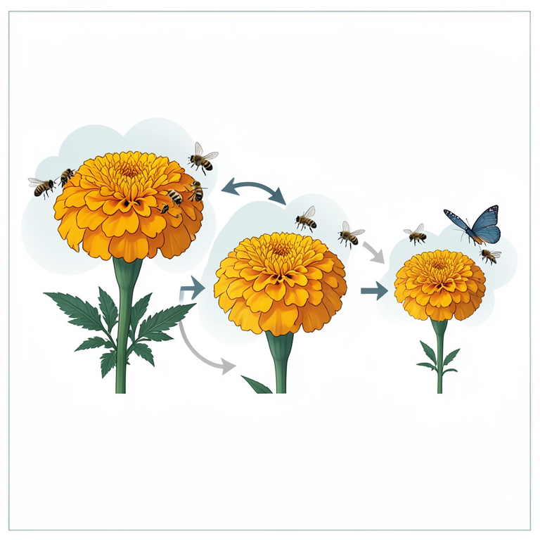 AI-generated conceptual illustration (African, French, and Signet marigold flowers with bees and butterflies). It explains the idea and does not show study data.