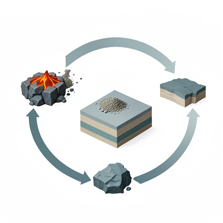 AI-generated conceptual illustration (igneous, sedimentary, and metamorphic rocks). It explains the idea and does not show study data.