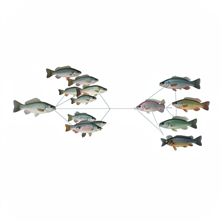 AI-generated conceptual illustration (African cichlid fishes from Lakes Tanganyika, Malawi, and Victoria). It explains the idea and does not show study data.
