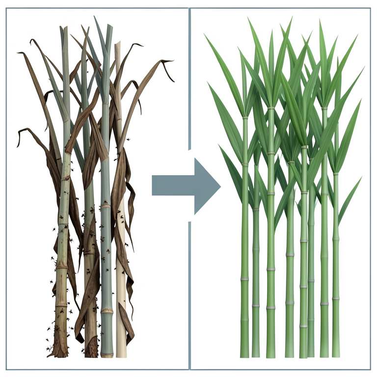 AI-generated conceptual illustration (sugarcane plants and farmers' agricultural tools). It explains the idea and does not show study data.