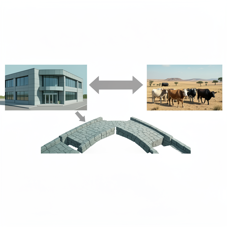 AI-generated conceptual illustration (Rural livestock farmers and a bank building in Burkina Faso). It explains the idea and does not show study data.