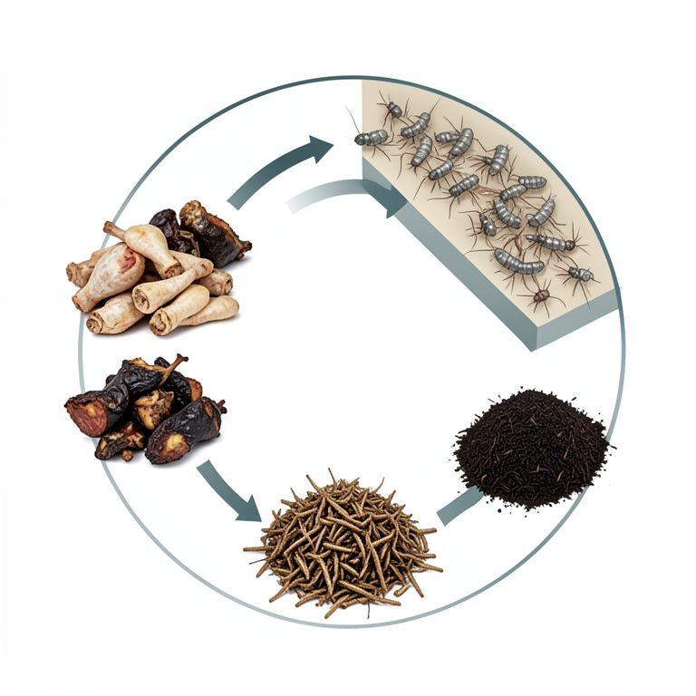 AI-generated conceptual illustration (Chironomus tentans larvae, poultry offal, Nile tilapia fish waste, and dairy whey). It explains the idea and does not show study data.