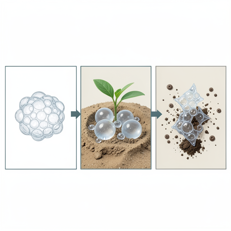 AI-generated conceptual illustration (cassava starch-based hydrogel in sandy soil with a seedling). It explains the idea and does not show study data.