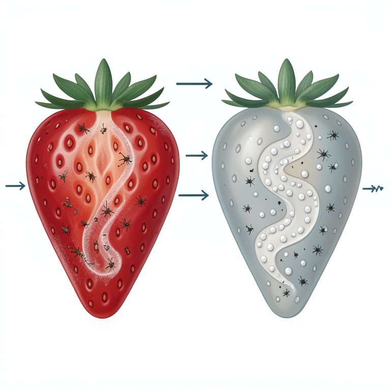 AI-generated conceptual illustration (strawberries with chitosan and zinc oxide nanoparticle coatings). It explains the idea and does not show study data.