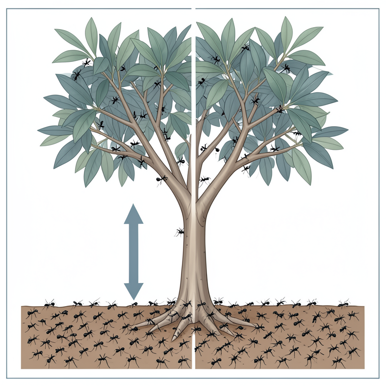 AI-generated conceptual illustration (tropical fruit tree with invasive ants). It explains the idea and does not show study data.