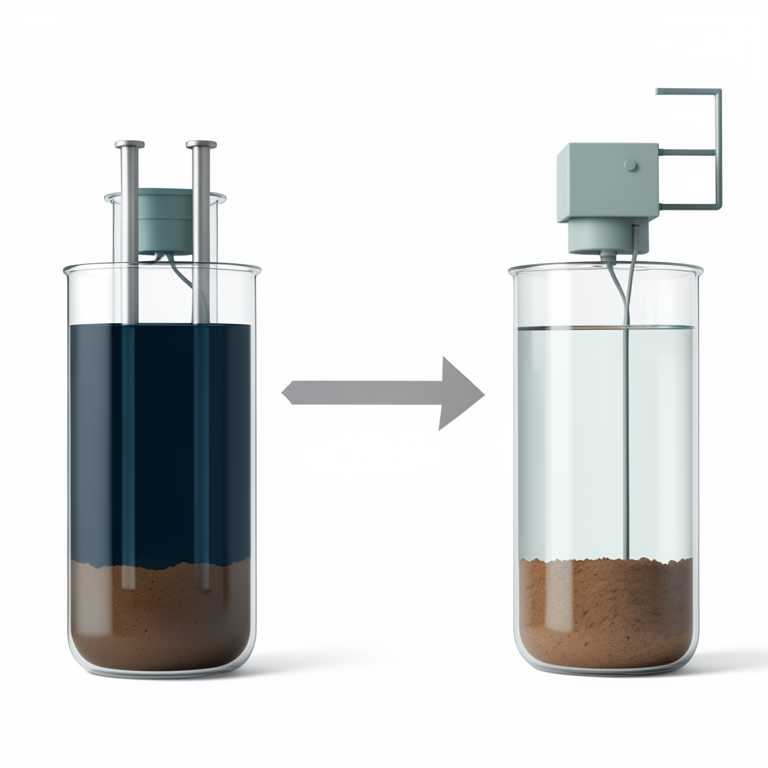 AI-generated conceptual illustration (textile industry wastewater in an electrocoagulation reactor with metal electrodes). It explains the idea and does not show study data.