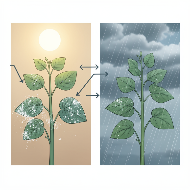 AI-generated conceptual illustration (pea plants (Pisum sativum) with powdery mildew infection). It explains the idea and does not show study data.