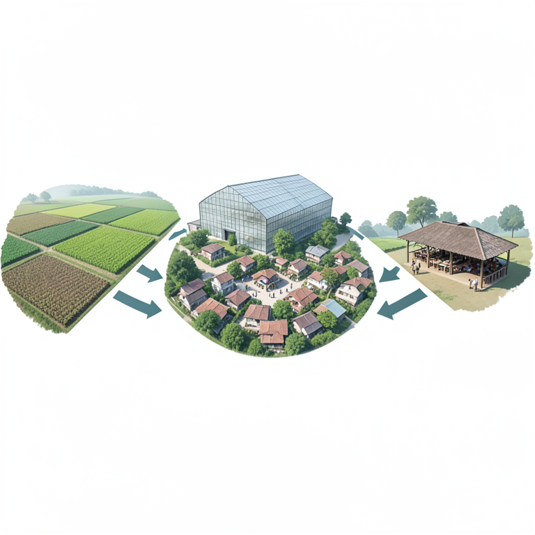 AI-generated conceptual illustration (Rural farmland in Varanasi, India, featuring traditional crops, a tourist visitor center, and a modern agritechnological). It explains the idea and does not show study data.