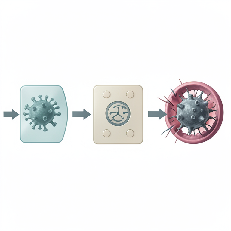 AI-generated conceptual illustration (Adenoviral particles and glioblastoma multiforme tumor cells). It explains the idea and does not show study data.