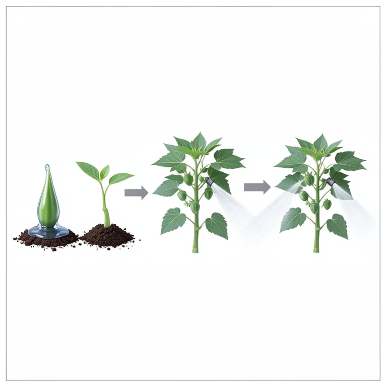 AI-generated conceptual illustration (okra plants (Abelmoschus esculentus)). It explains the idea and does not show study data.