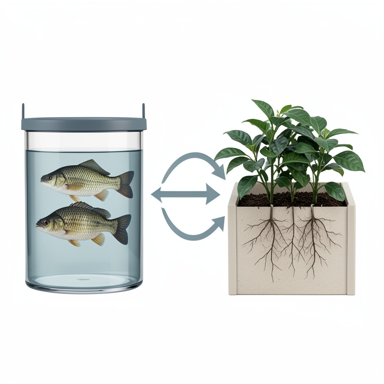 AI-generated conceptual illustration (Arabica coffee plants and tilapia fish in an aquaponics system). It explains the idea and does not show study data.