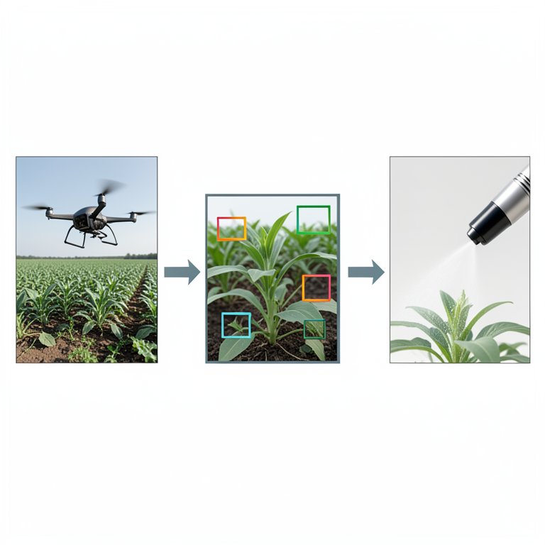 AI-generated conceptual illustration (agricultural field with weeds and a surveillance drone). It explains the idea and does not show study data.
