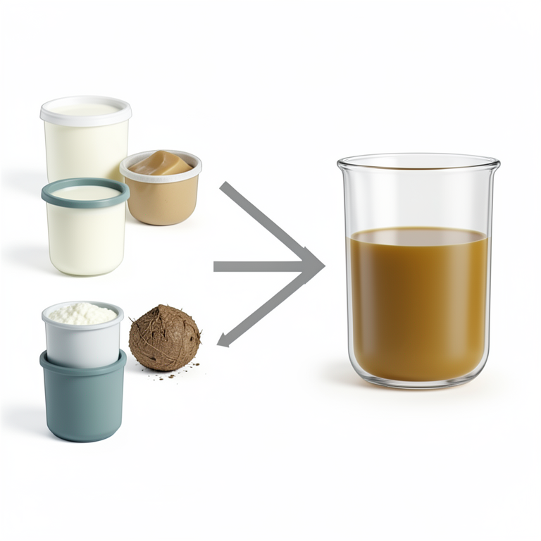AI-generated conceptual illustration (cow-derived organic components and a liquid solution). It explains the idea and does not show study data.