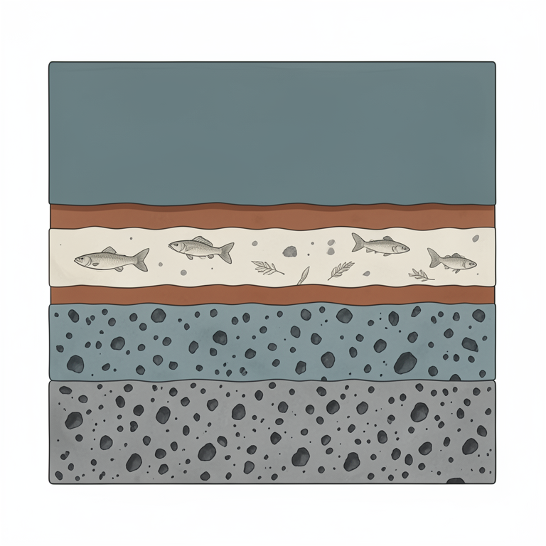 AI-generated conceptual illustration (Deccan basalt lava flows in a geological cross-section). It explains the idea and does not show study data.