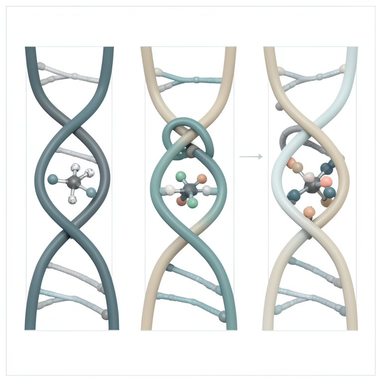 AI-generated conceptual illustration (DNA double helix and platinum(II) complexes). It explains the idea and does not show study data.