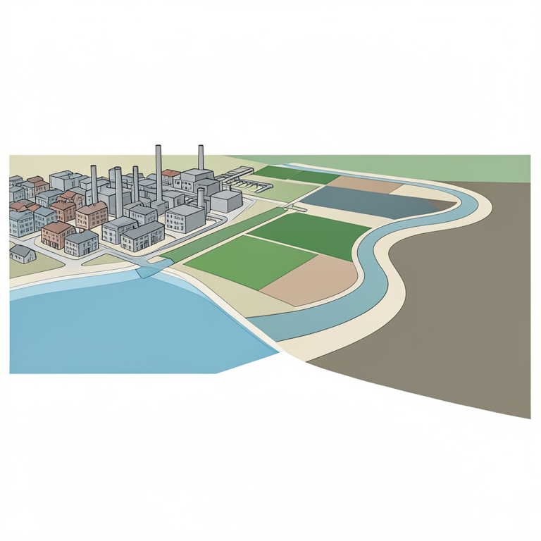 AI-generated conceptual illustration (Gomati River flowing through an urban and agricultural landscape). It explains the idea and does not show study data.