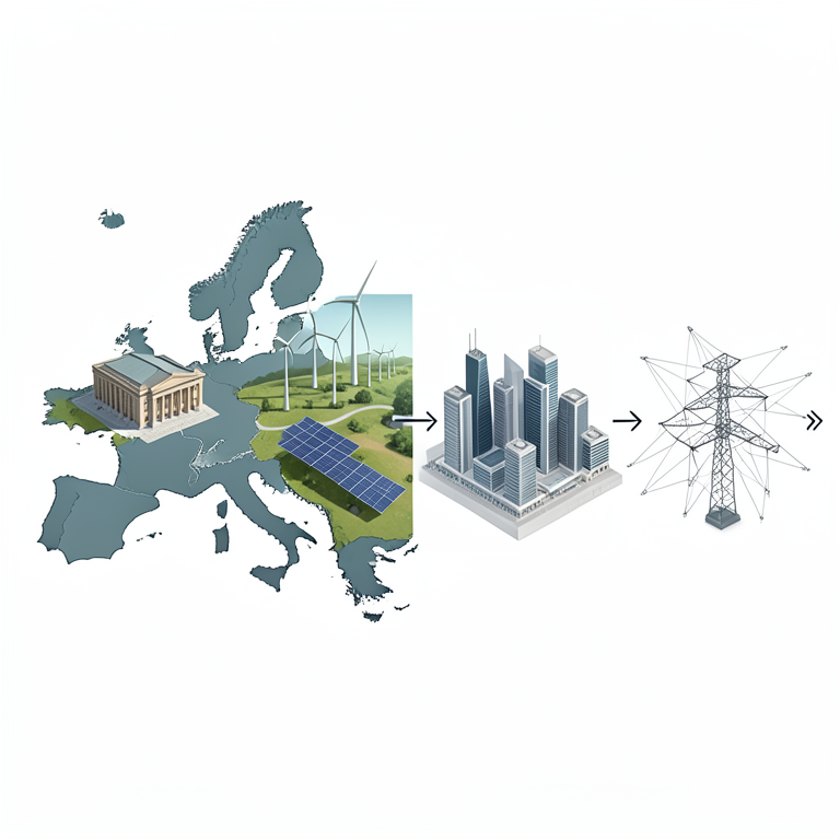 AI-generated conceptual illustration (European Union map with renewable energy infrastructure). It explains the idea and does not show study data.