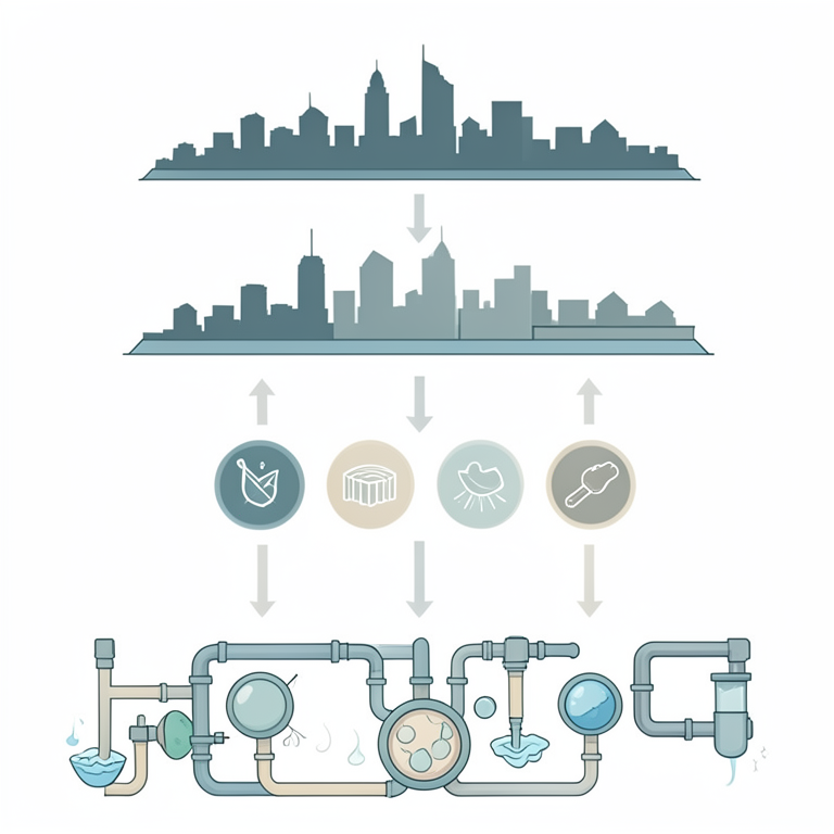 AI-generated conceptual illustration (Urban water infrastructure and natural water sources). It explains the idea and does not show study data.