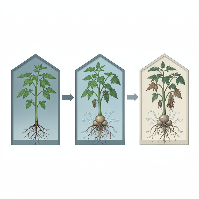 AI-generated conceptual illustration (Tomato plants in a polyhouse structure). It explains the idea and does not show study data.