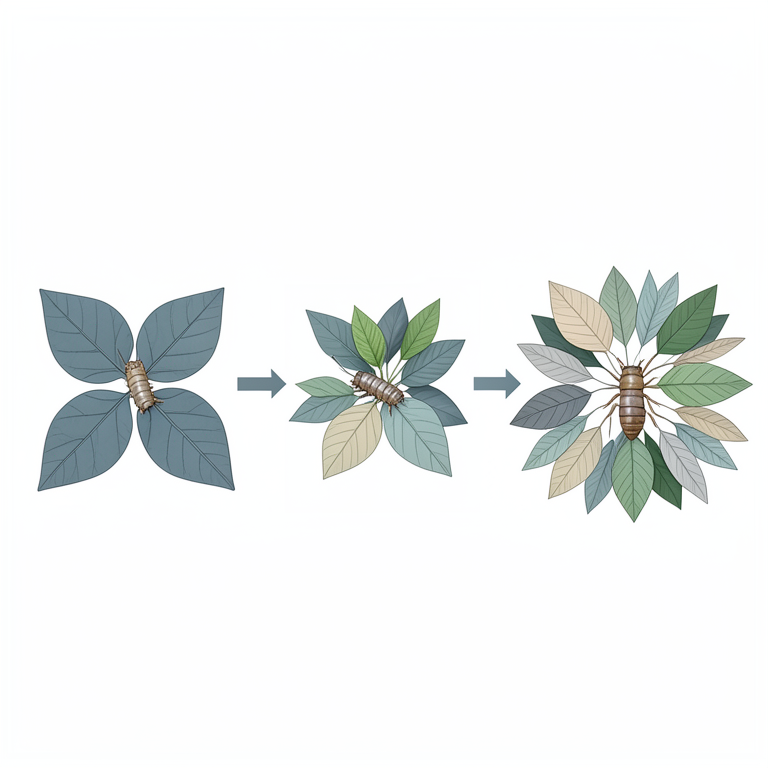 AI-generated conceptual illustration (Spilomelinae moth larvae and various host plants). It explains the idea and does not show study data.