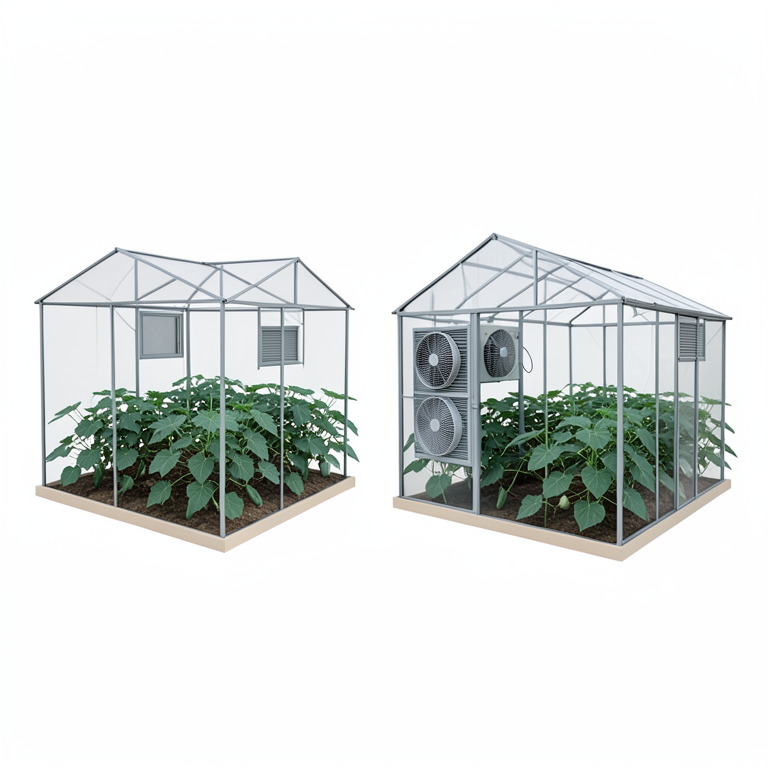 AI-generated conceptual illustration (cucurbit vegetables in protected cultivation structures). It explains the idea and does not show study data.