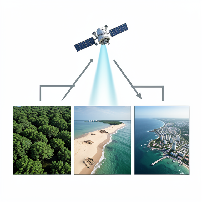 AI-generated conceptual illustration (Earth's coastal zone and an orbiting satellite). It explains the idea and does not show study data.