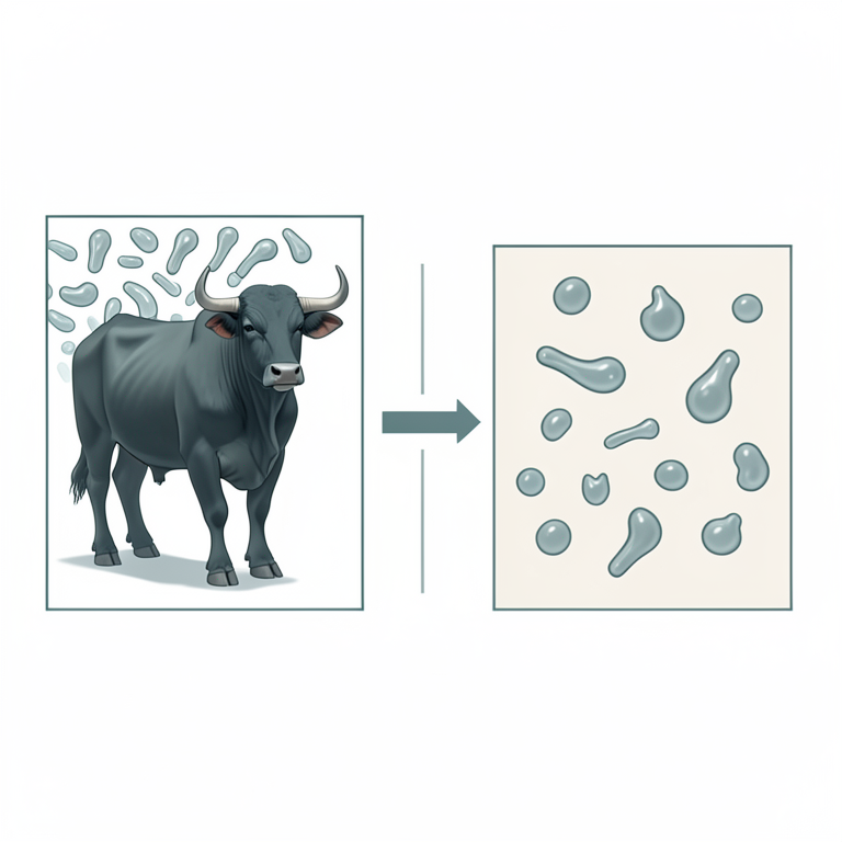 AI-generated conceptual illustration (Mehsana buffalo bulls and their sperm cells). It explains the idea and does not show study data.