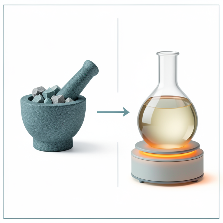 AI-generated conceptual illustration (agate mortar and pestle and a round-bottom flask with a heating mantle). It explains the idea and does not show study data.
