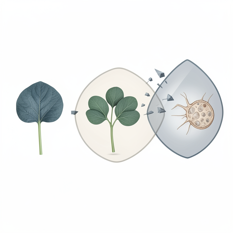 AI-generated conceptual illustration (Chenopodium album, Marsilea minuta, and Celosia argentea leaves). It explains the idea and does not show study data.