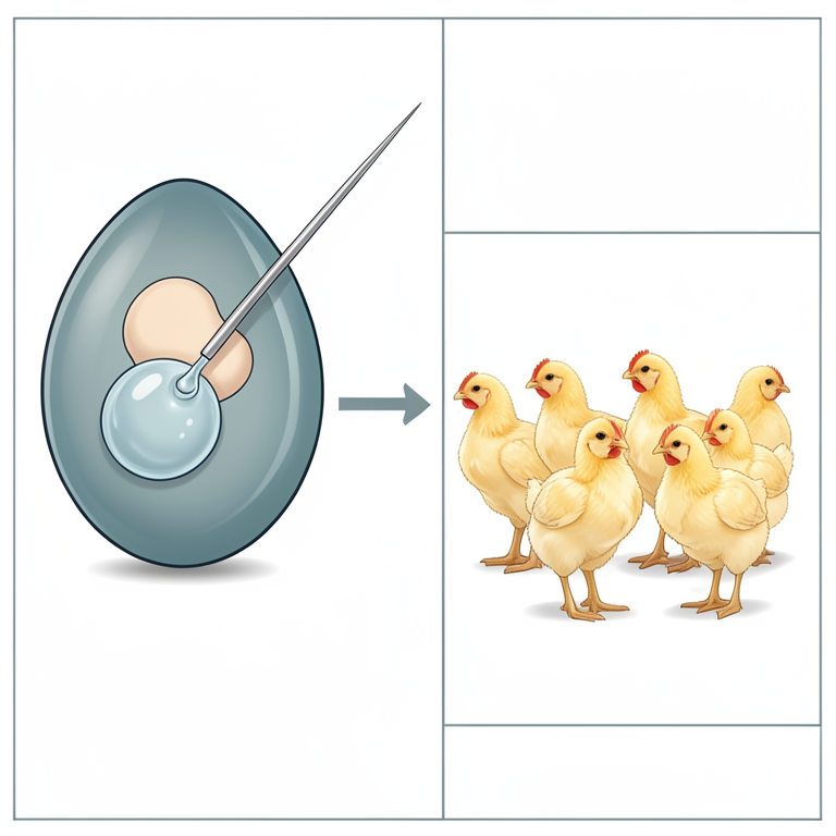 AI-generated conceptual illustration (chicken embryos inside eggs and hatched broiler chicks). It explains the idea and does not show study data.