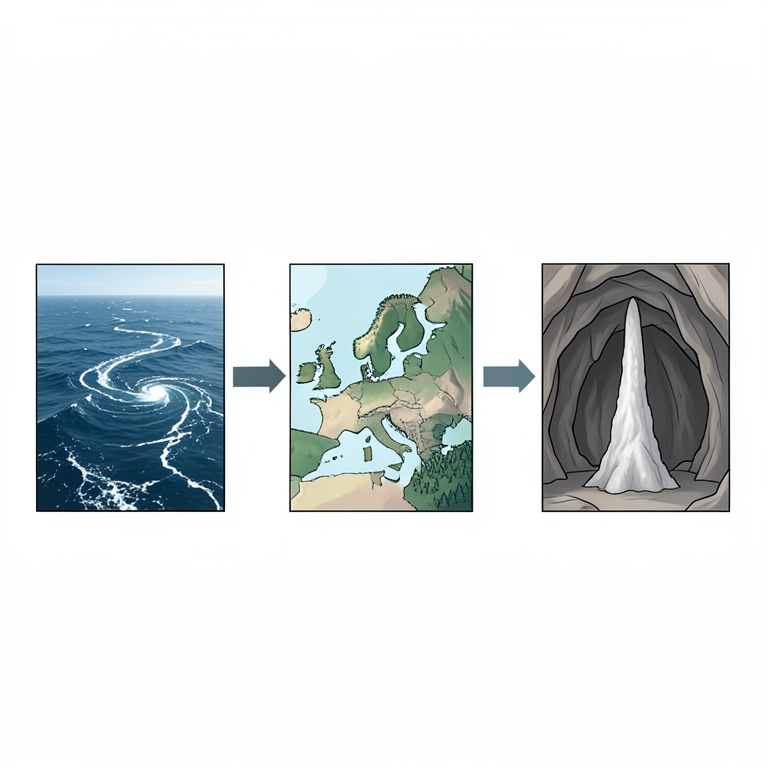 AI-generated conceptual illustration (North Atlantic Ocean, European landscape, and a stalagmite inside a limestone cave in the Dinaric Karst). It explains the idea and does not show study data.