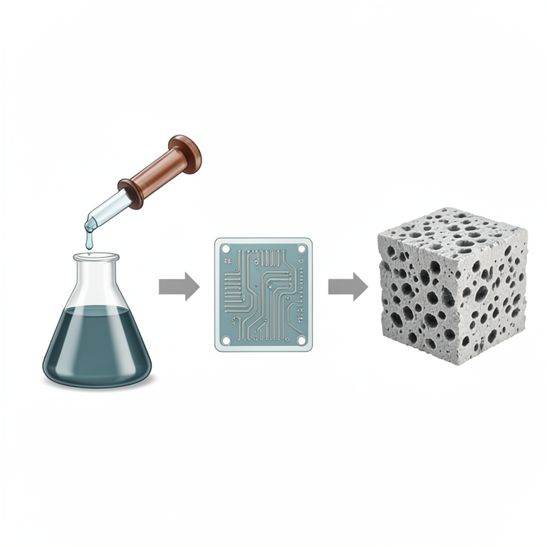 AI-generated conceptual illustration (Laboratory glassware, a microfluidic chip, and a 3D X-ray computed tomography scan of a porous material). It explains the idea and does not show study data.