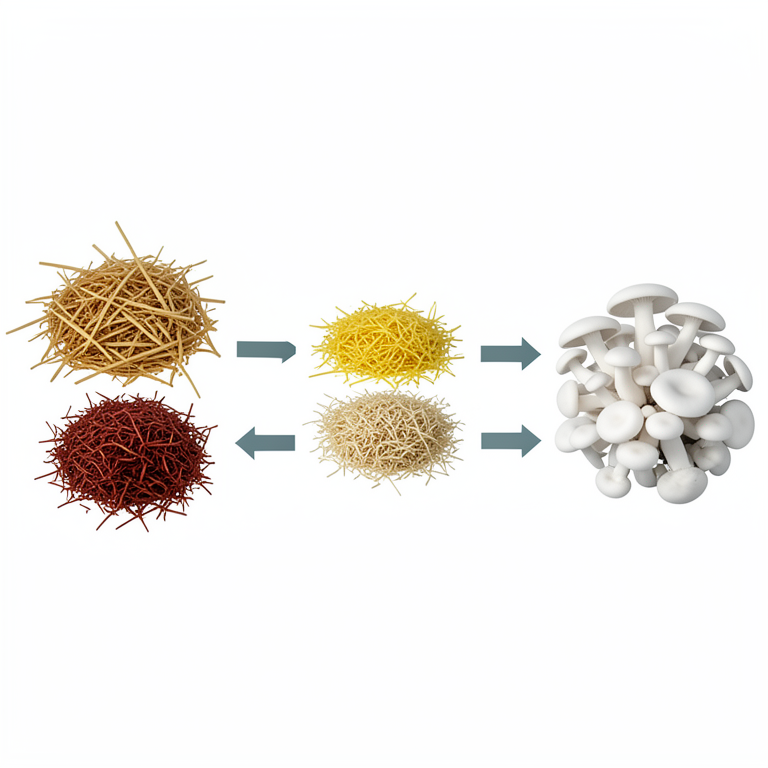 AI-generated conceptual illustration (Oyster mushrooms (Pleurotus spp.) and agricultural waste substrates). It explains the idea and does not show study data.