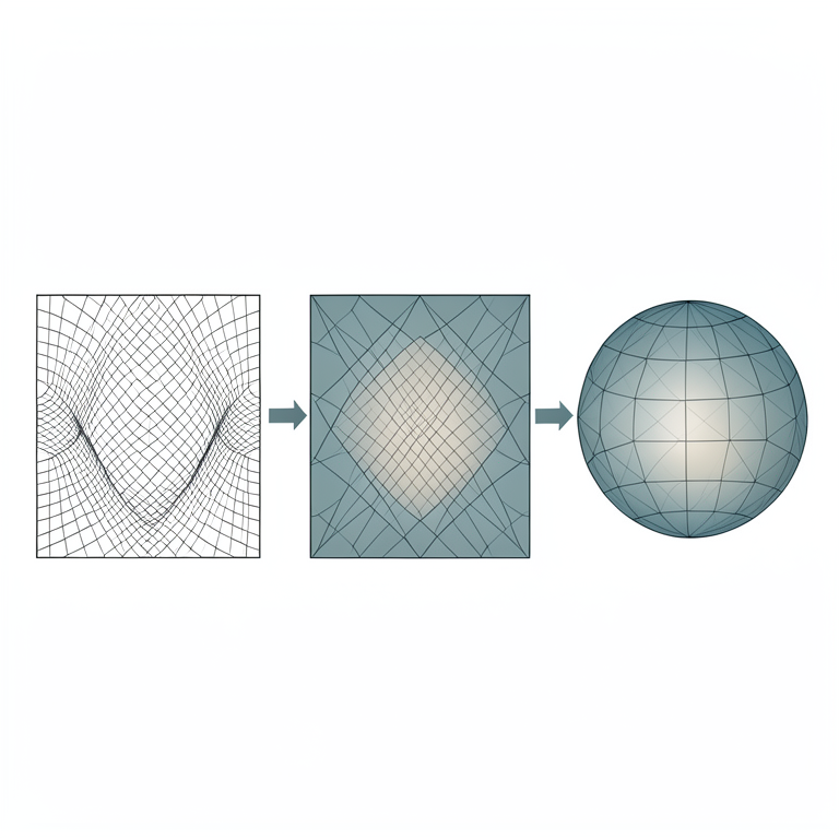 AI-generated conceptual illustration (A four-dimensional curved Lorentzian manifold represented as a warped geometric grid surface). It explains the idea and does not show study data.