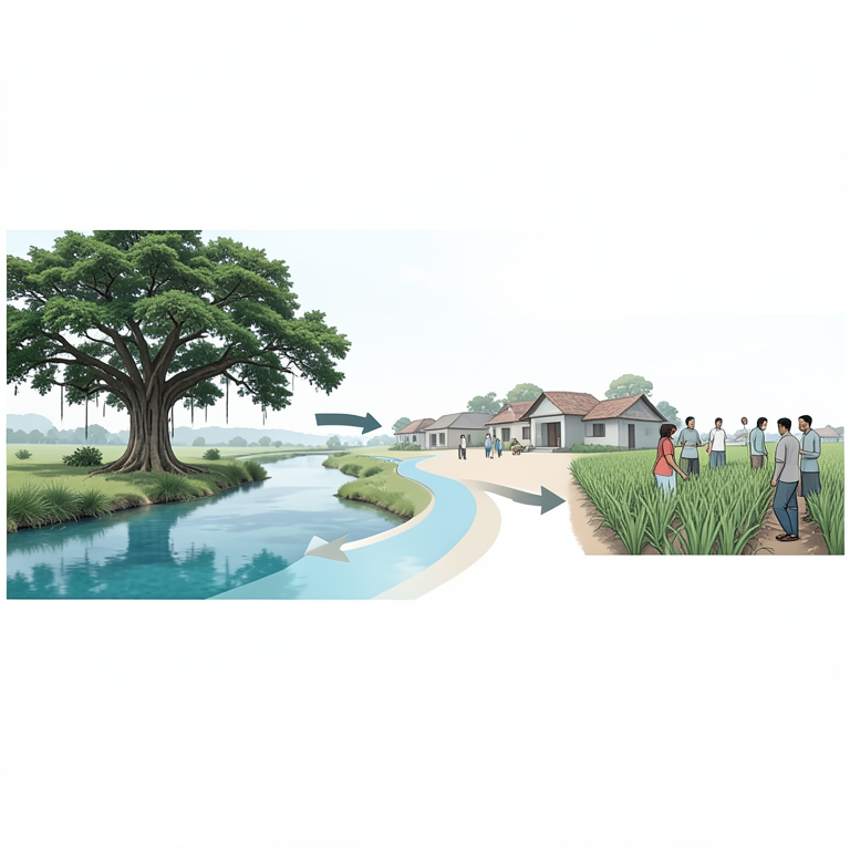 AI-generated conceptual illustration (A diverse Indian landscape featuring a banyan tree, a river, and a small village settlement). It explains the idea and does not show study data.