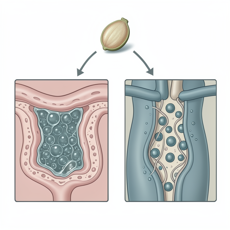 AI-generated conceptual illustration (fenugreek seeds, small intestine lining, and muscle cells). It explains the idea and does not show study data.