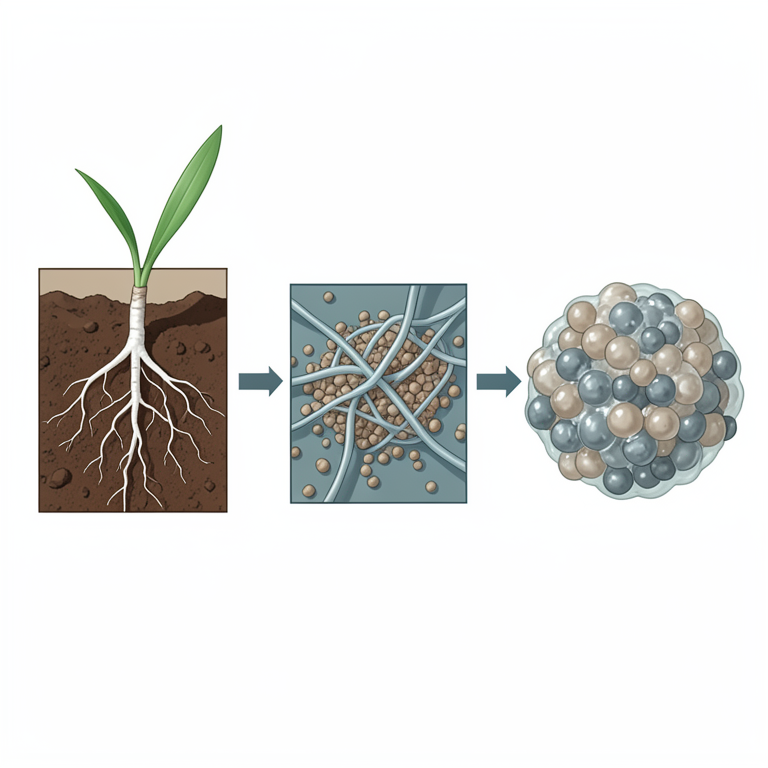AI-generated conceptual illustration (grassland plant roots and arbuscular mycorrhizal fungi in soil). It explains the idea and does not show study data.