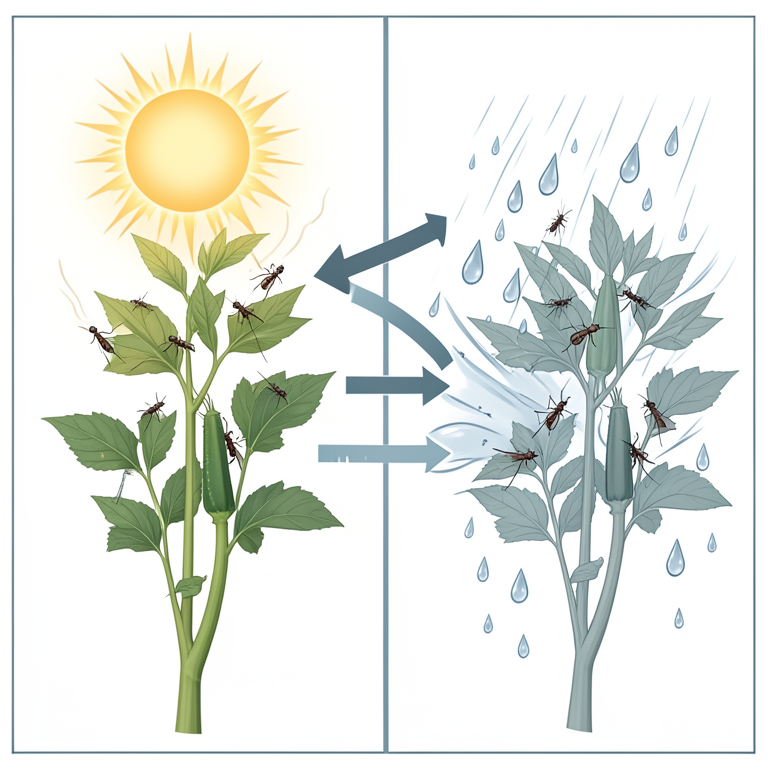 AI-generated conceptual illustration (Amrasca biguttula biguttula jassids on okra plants). It explains the idea and does not show study data.