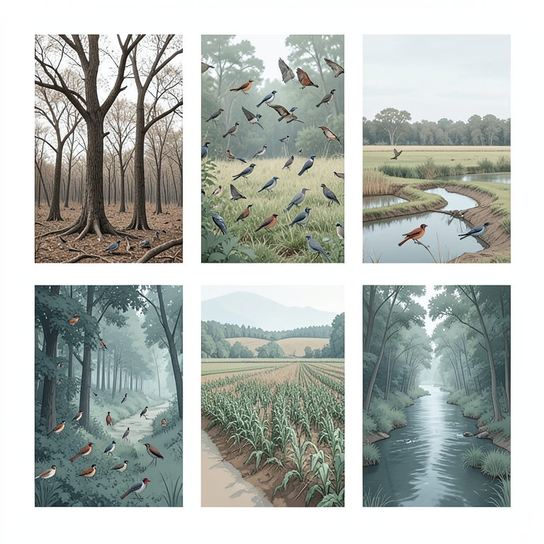 AI-generated conceptual illustration (Various bird species in the Chitrakoot forest division habitats). It explains the idea and does not show study data.