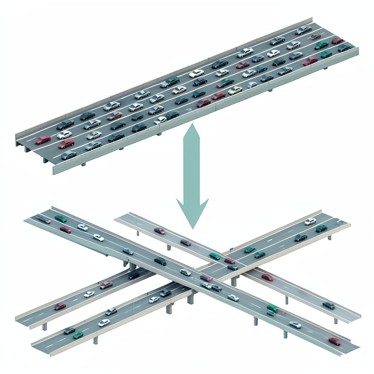 AI-generated conceptual illustration (Multi-lane urban expressways with vehicular traffic). It explains the idea and does not show study data.